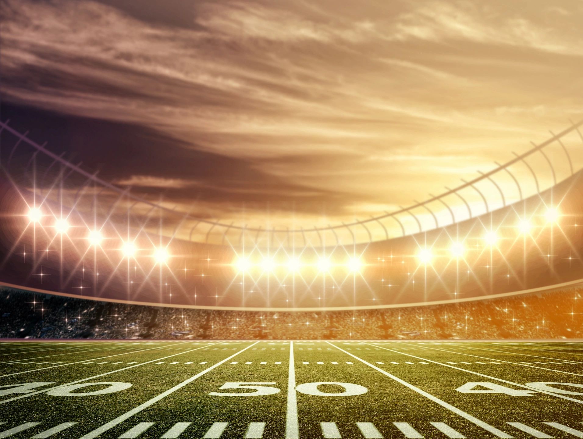 Stadium interior with dramatic floodlights
